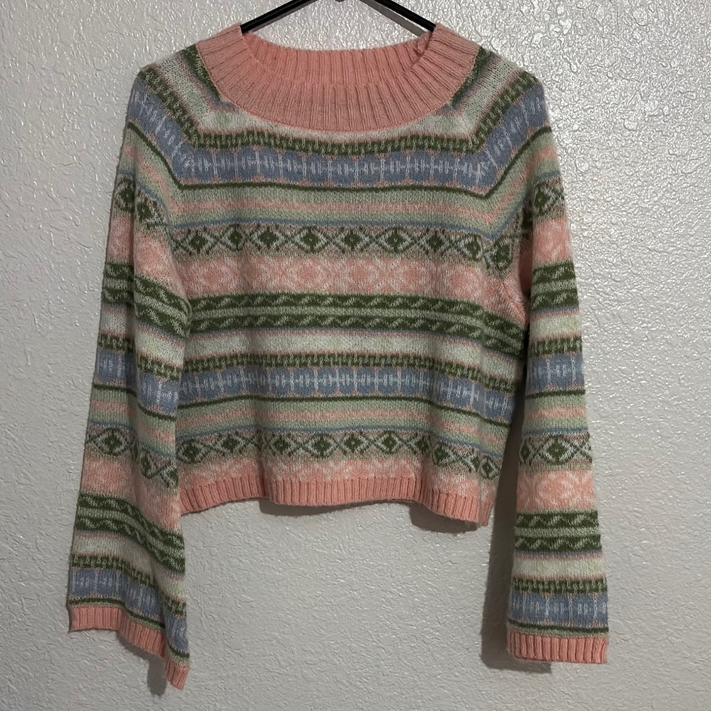 Cotton Emporium Pink and Green Crew Neck Sweater